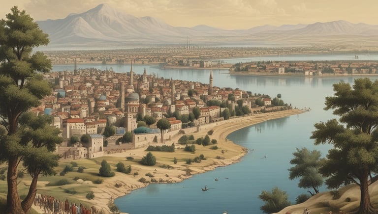 A scenic view of a town with traditional Ottoman architecture, featuring red-roofed houses and green trees. The prominent structures include two mosques with minarets, nestled among the other buildings. The background shows a lush landscape of rolling hills and forests.