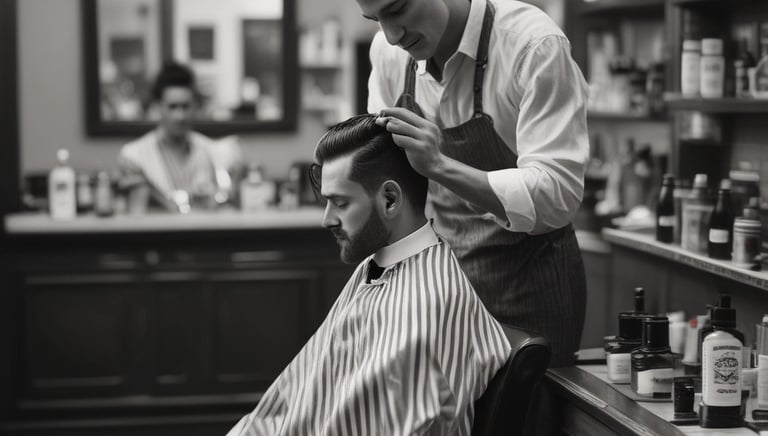 A barber is giving a haircut to a client in a stylish and colorful barbershop. The barber, wearing a black cap and t-shirt, focuses intently as he uses scissors to trim the client's hair. The shop's walls are adorned with vibrant graffiti art and various decorations, adding to the lively atmosphere.