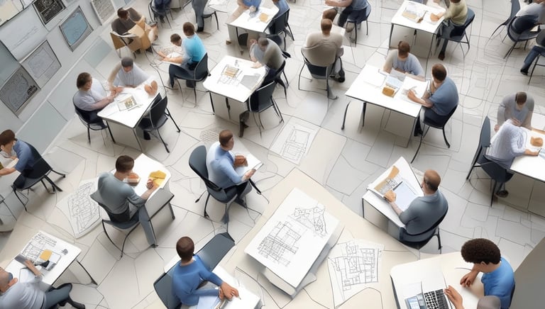 A group of diverse educators discussing strategies around a table.