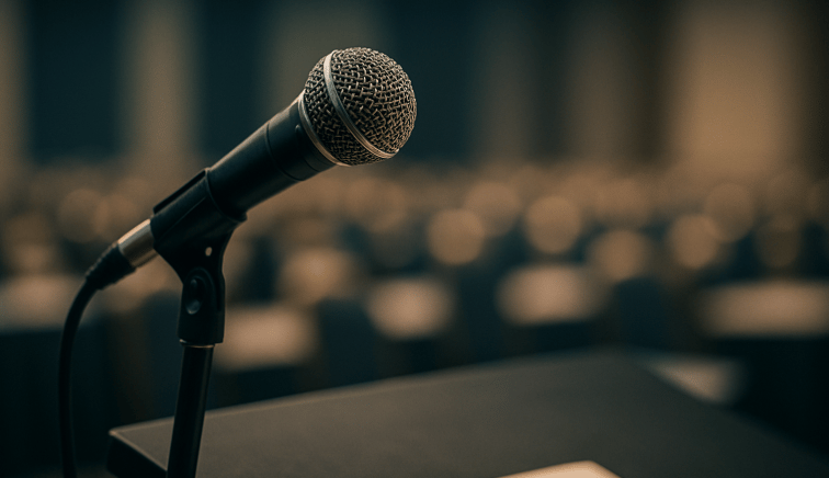 Micro sur pupitre — discours professionnel