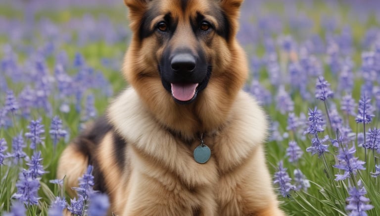 A young German Shepherd dog sits attentively on a grass-covered surface, wearing a black harness and leash. Its ears are perked up, and it seems to be observing something intently. The background consists of blurred greenery, creating a natural setting.