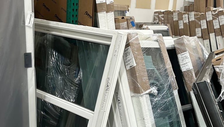 a bunch of windows with some boxes of windows