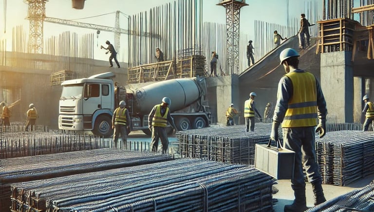 Workers loading steel bars