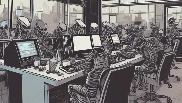 A team of developers collaborating around a table with laptops and design sketches.