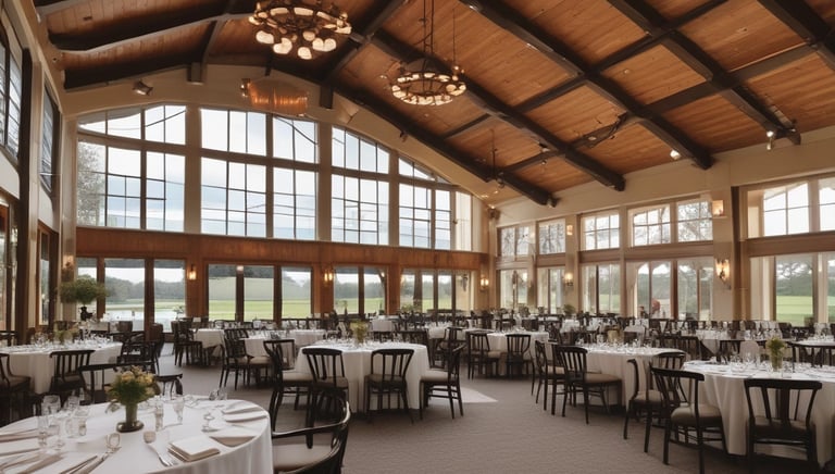 A lush, green golf course set against a backdrop of rolling hills and a clear blue sky. A person is in mid-swing, preparing to hit a golf ball on the manicured grass. Surrounding the area are vibrant trees and some signage, indicating a golf event or tournament.