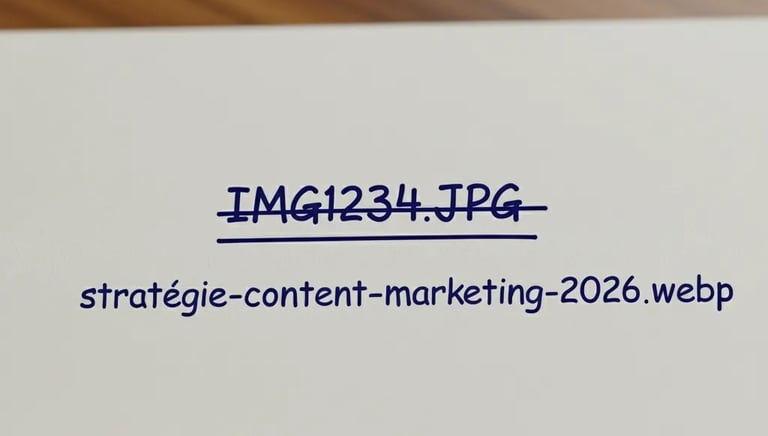 Un mauvais nom d'image barré au dessus d'un nom correct d'image SEO.