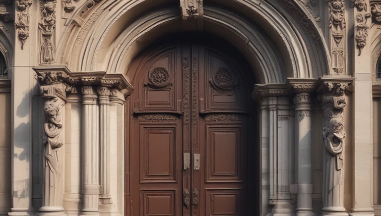 An old stone building facade featuring a large wooden door with a sign above it reading 'Schola Logicae'. The door is framed by two carved stone heads. Next to the door are tall, multi-paned windows with a Gothic architectural style.