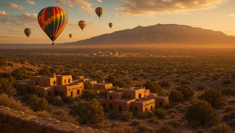 Colorful hot air balloons floating over Albuquerque’s desert skyline with adobe homes and Sandia Mountains at sunset.