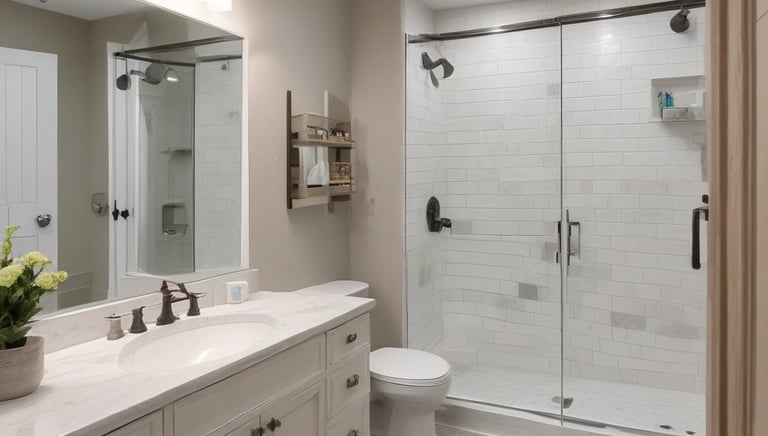 A modern kitchen features natural wood cabinets with a U-shaped configuration. The countertops are brown and complement the beige tiled floor. A stainless steel double sink with a chrome faucet is centrally located under the cabinets, while a black gas stove with an overhead range hood is on the right. Recessed ceiling lights brighten the space, and a dark kitchen mat is placed on the floor.