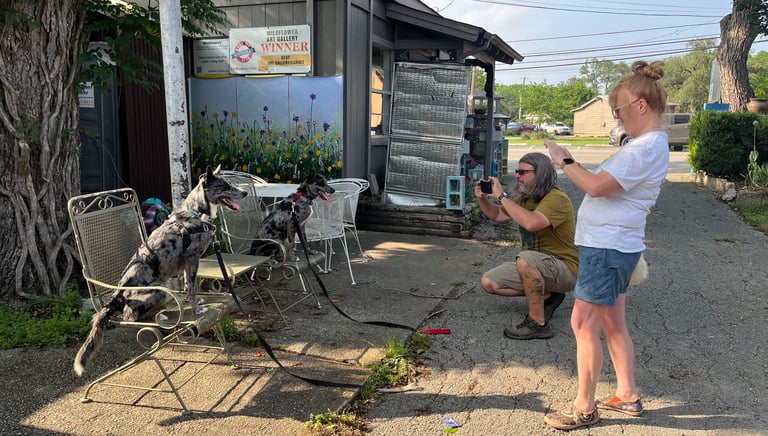 a couple takes pictures of their dogs who are posing during dog training class