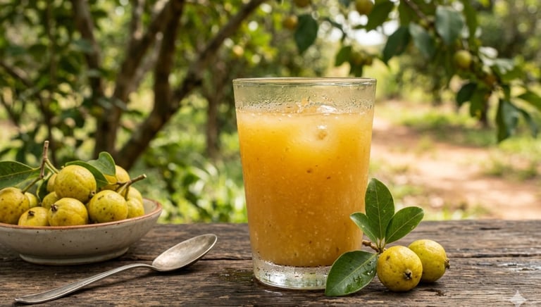 Suco fresco de gabiroba amarela recém-preparado em um copo sobre uma mesa rústica de madeira.