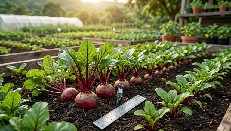 Plantio de beterrabas orgânicas crescendo em canteiros elevados com solo fértil .