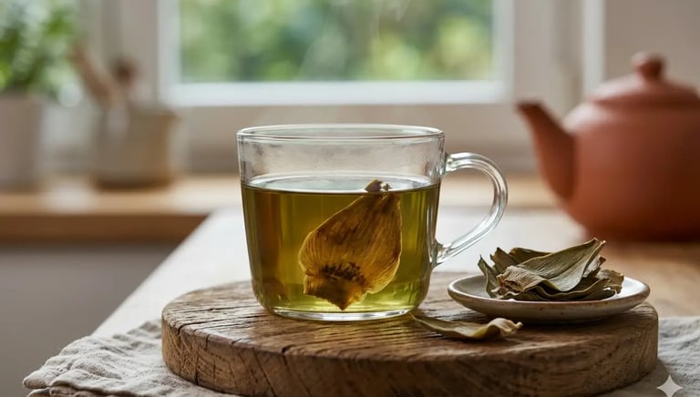 Chá quente de alcachofra em uma caneca de vidro sobre uma tábua de madeira rústica, com folhas secas