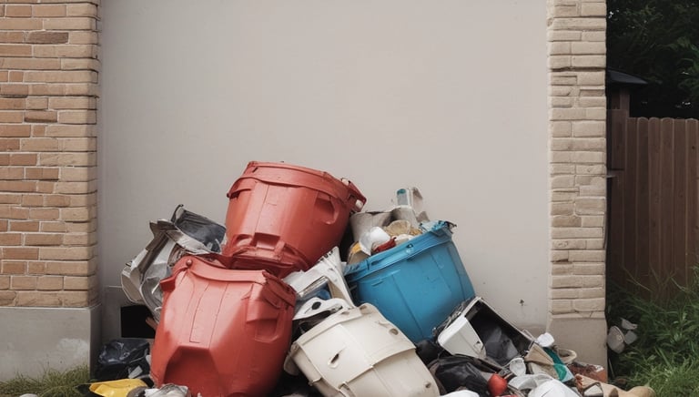 junk stacked in front of house
