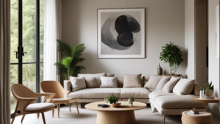 A cozy dining area with wooden furniture and plants, emphasizing sustainability and warmth.