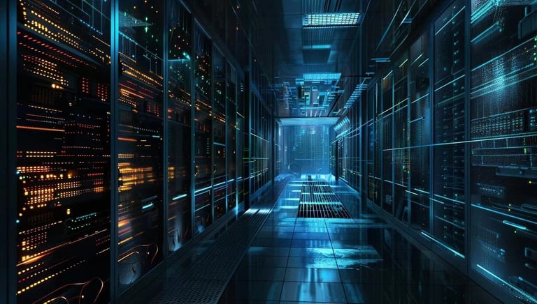 a long cable mangement solutions with a long corridor with a long corridor with rows of cables and d