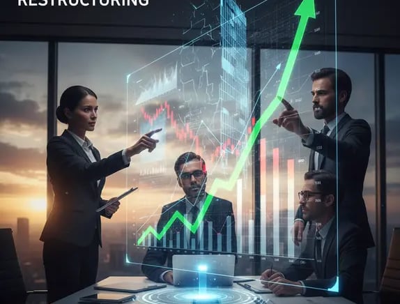 Reestructuración empresarial México: diagrama de recuperación financiera mostrando reducción de deuda y mejora en eficiencia 