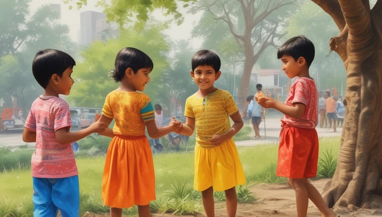 Children participating in a colorful outdoor learning activity in a community park.
