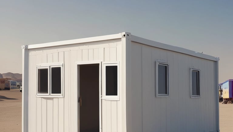 A fleet of trucks loaded with portable cabins ready to be delivered across the Gulf.