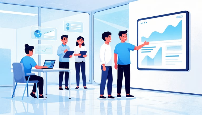 A business team analyzing data charts and marketing analytics on a digital office dashboard.