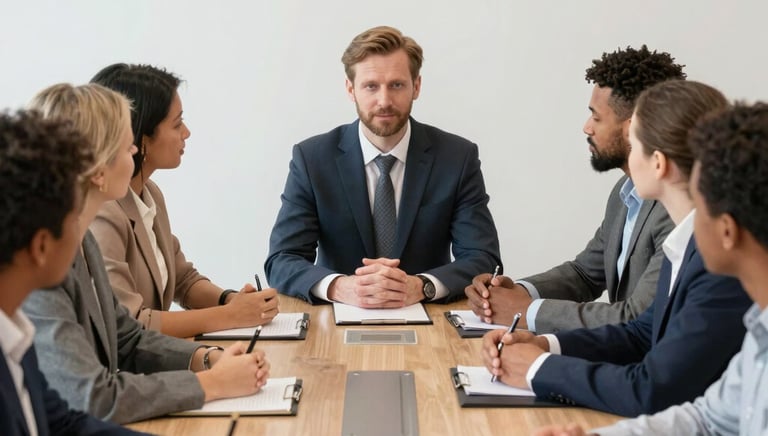 A coach guiding a small group in a bright, modern meeting room filled with collaboration.