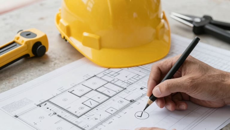 Architect reviewing detailed municipal blueprints on a construction site
