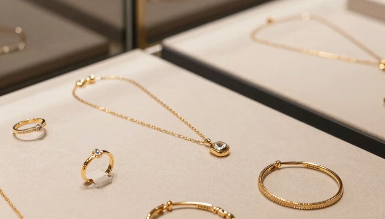 Display of elegant jewelry pieces arranged on a black velvet surface with soft lighting.