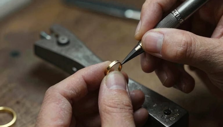 Close-up of a skilled jeweler crafting a delicate gold ring in a workshop.