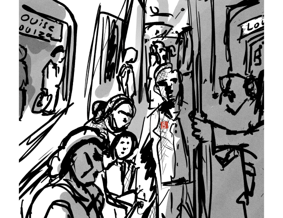 Handsigned and numbered collector-item print of a digital drawing of a family in a Brussels metro