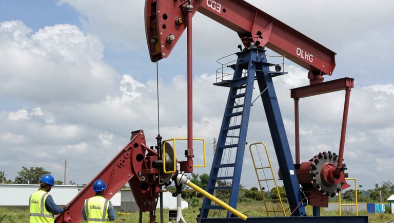 Engineers collaborating over blueprints at an oil refinery site during sunset.