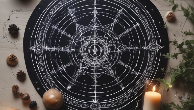 A moody celestial map with gold constellations on a black background, accented by red and purple gemstones.