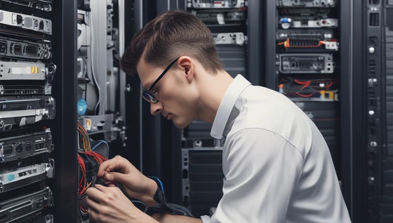 A technician assisting a small business office with computer setup and troubleshooting.