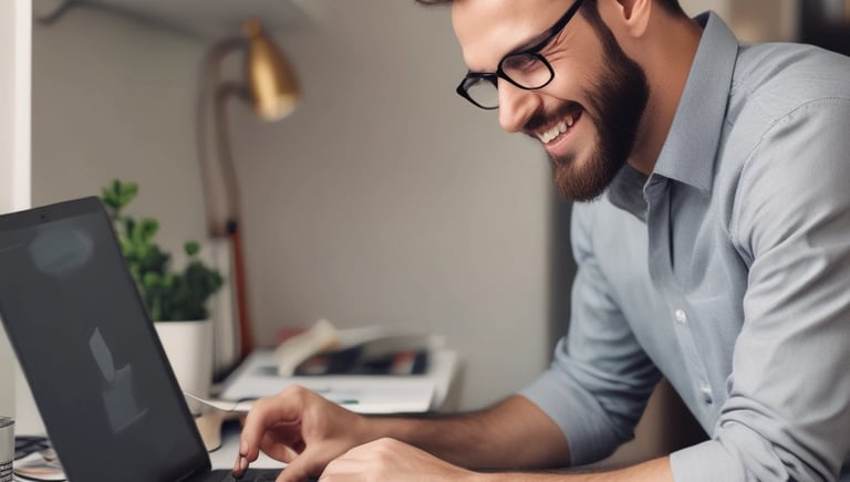 A friendly IT expert helping a homeowner fix a laptop in a cozy living room.