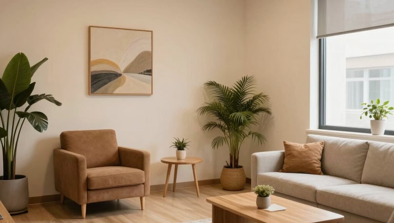 A warm, inviting therapy office with cozy seating and soft lighting.
