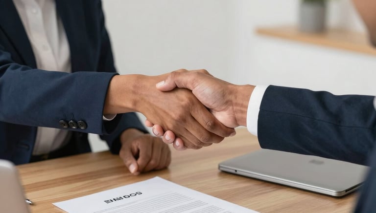 Two business partners shaking hands in a modern office with financial charts on screens behind them.