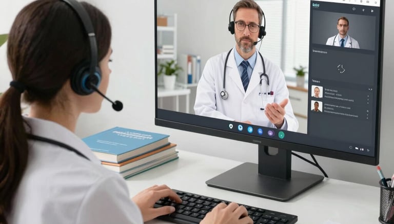 A focused virtual assistant attending an online training session, surrounded by notes and a laptop.