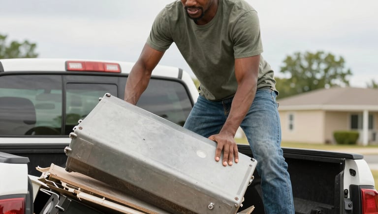 A friendly junk removal professional loading furniture from a residential curbside.