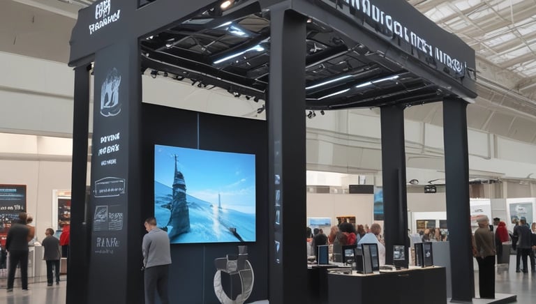 A modern, eye-catching exhibition stand with dynamic lighting and clean design.
