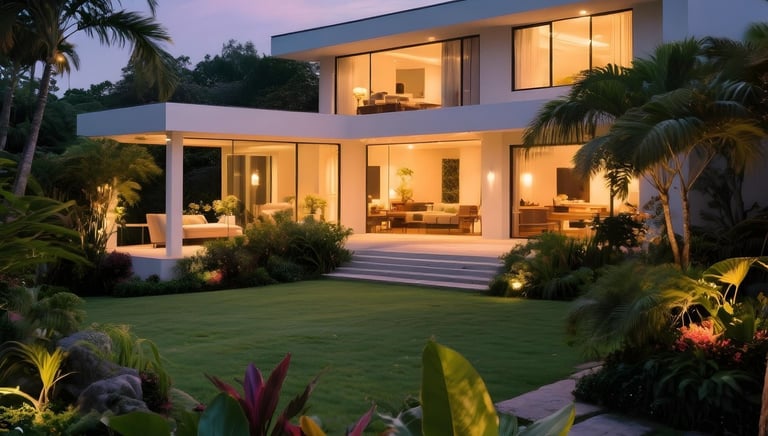 Modern luxury villa at dusk with tropical landscaping, illuminated glass walls, and a manicured lawn.