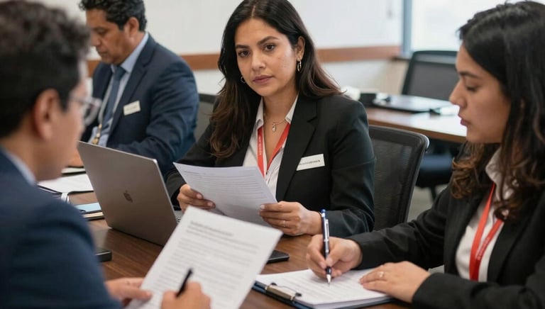 Professional auditor reviewing documents in a modern office setting.