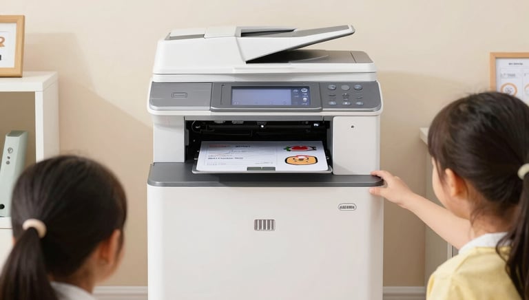 Close-up of vibrant color prints and laminated documents neatly arranged on a desk.
