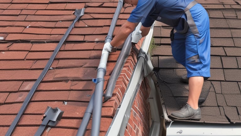 A gardener clearing fallen leaves from a vibrant, well-maintained backyard in autumn.