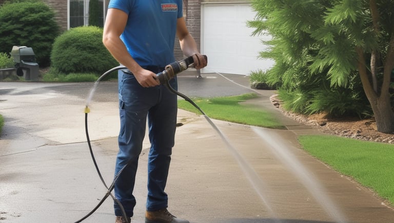 A gardener clearing fallen leaves from a vibrant, well-maintained backyard in autumn.