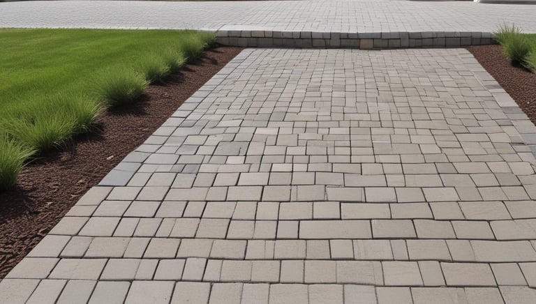 A gardener clearing fallen leaves from a vibrant, well-maintained backyard in autumn.