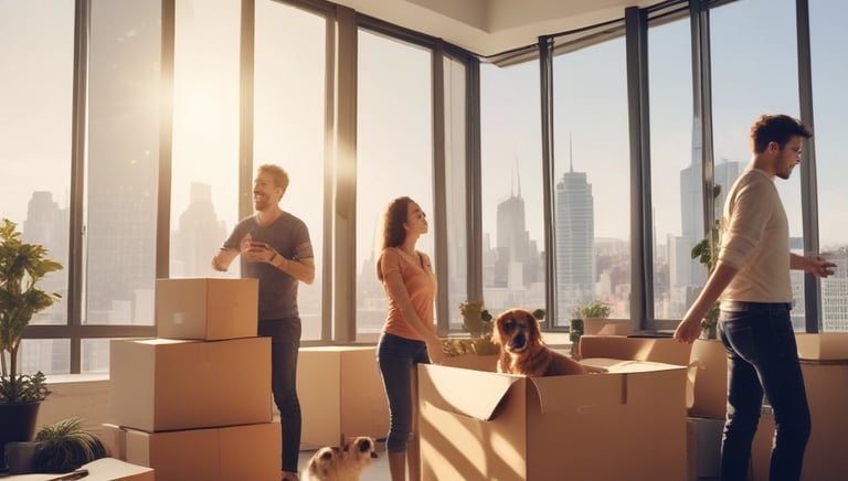 A happy client carrying boxes into a stylish McKinney apartment during a sunny day.