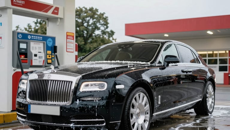 Mobile car detailing setup cleaning a vehicle exterior at a gas station in a German-speaking city.