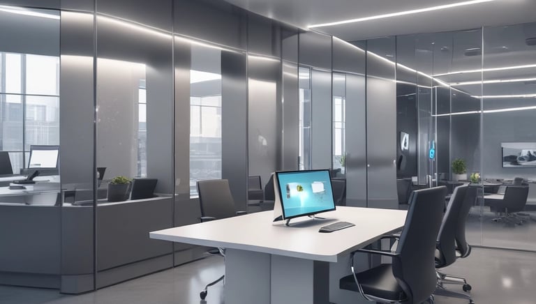 Minimalist office space with gleaming desks and cool gray tones under natural light.