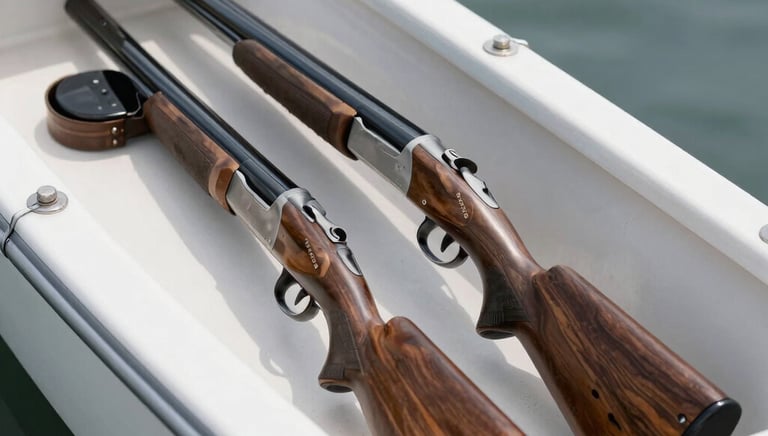 Close-up of hunting gear laid out on the boat’s wooden bench.