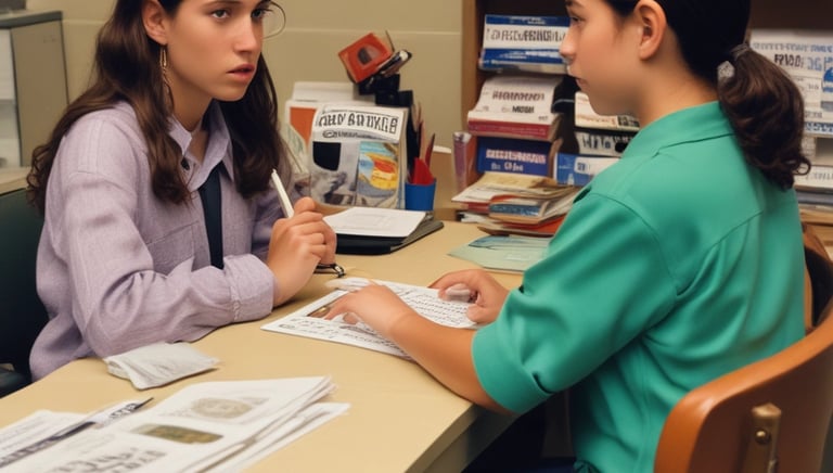 A smiling staff member explaining paperwork to a client