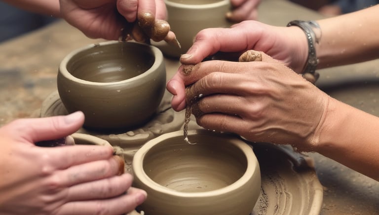 A group of people happily painting together in a bright, cozy studio